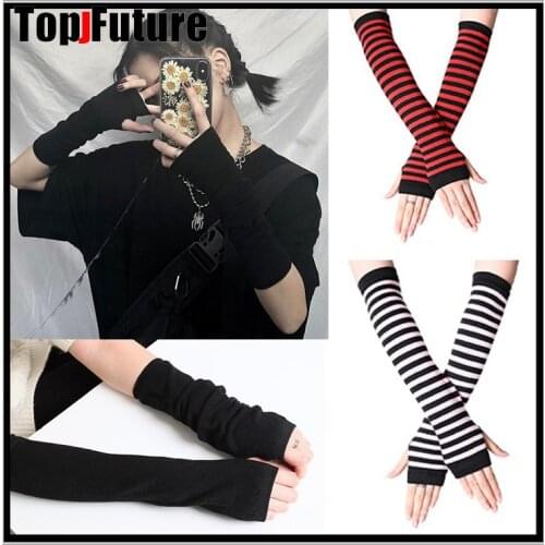 Japanese JK UNIFORM Harajuku Lori JK Tuku girl trampy finger striped ins summer gloves versatile sunscreen sleeve LONG GLOVES