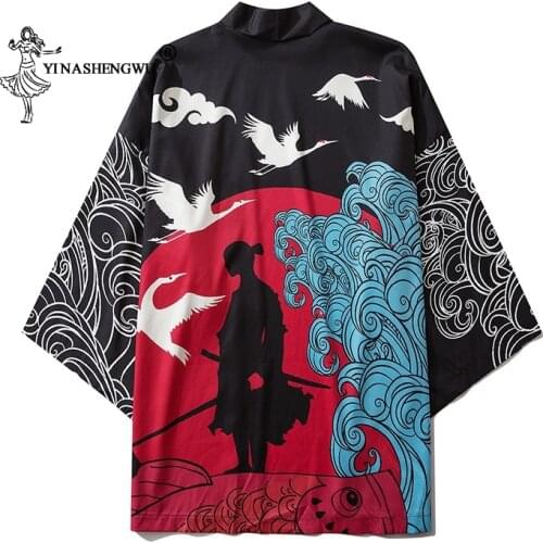 Crane Fish Print Japanese Kimono Yukata Style Wave Haori Men Women Cardigan Summer Beach Coat Traditional Japan Asian Costume
