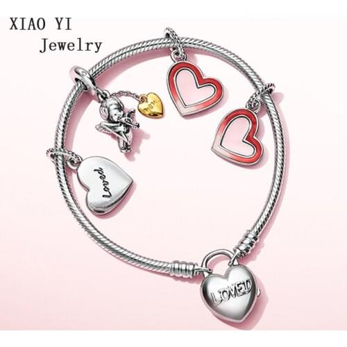 XIAOYI jewelry 100% S925 11 charm pink love love your heart-shaped chain link cute DIY bracelet girl beautiful