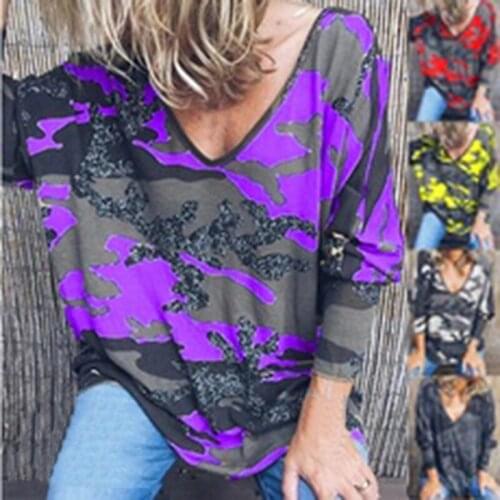 Women T-Shirt V Neck Camouflage Print Long Sleeve Tops Spring Casual Loose Ladies Tee Shirt Femme Womens Clothing Plus Size 2XL