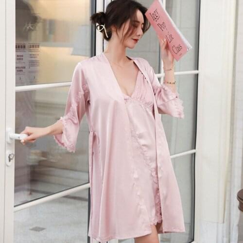 2021 Summer New Sexy Sling Nightdress Robe Solid with Bra 2Pcs Sets Nightgown Womens Nightwear Home Wear Sleepwear Bathrobe