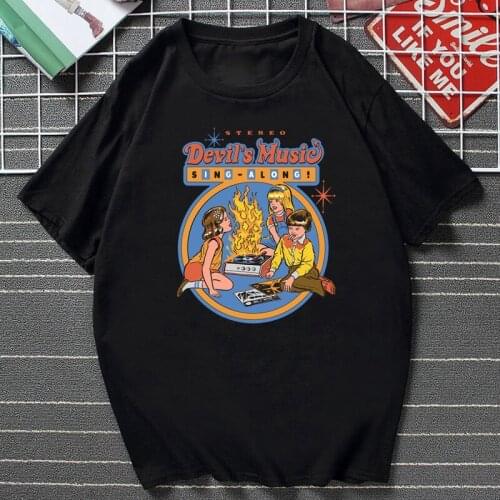 Devils Music Vintage T Shirt Women Funny Satan Demon Grim Reaper Tee Cartoon Graphic Clothes Harajuku Reaper Unisex Streetwear