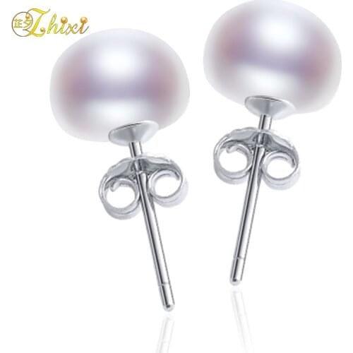 ZHIXI 925 Sterling Silver Jewelry Pearl Earrings White Natural Freshwater Pearl Stud Earrings For Women Fine Wedding Gift E235