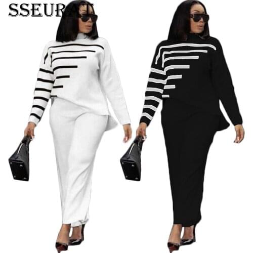 SSEURAT Women Stripe Print Patchwork High Neck Long Sleeves Tops and Wide Leg Pants 2 Piece Set Autumn Fashion Suit