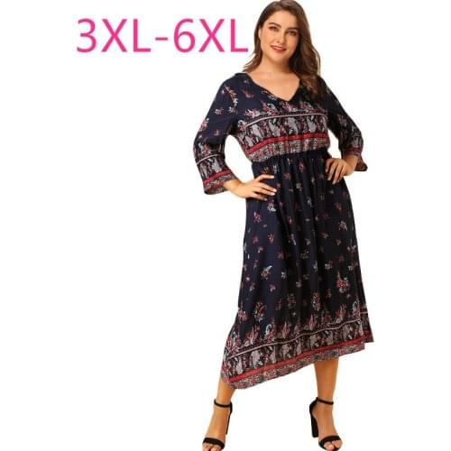 New spring autumn plus size long dress for women loose casual long sleeve blue floral print V neck pleated dress 3XL 4XL 5XL 6XL