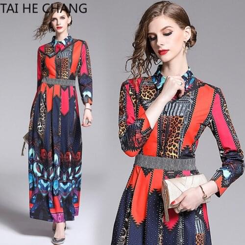 Women Dress New Fashion Retro Spring Summer Elegant Slim Bodycon Vintage Party Runway Print Shirt Office Work Maxi Dresses