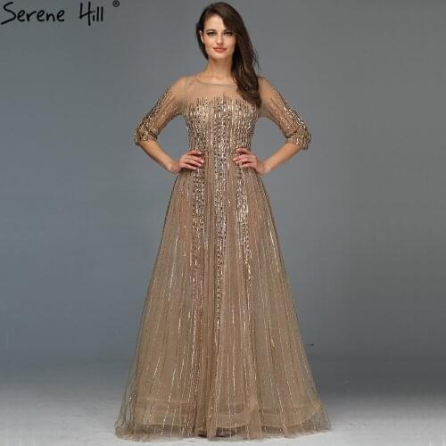 Gold Dubai Design Long Sleeves Evening Dresses 2020 A-Line Luxury Beading Crystal Evening Gowns Real Photo LA70170