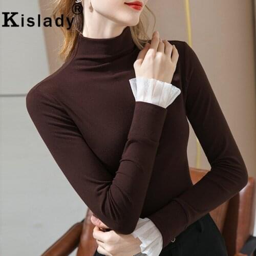 2020 Wiinter Fall Womens Turtleneck Flare Sleeve Gothic Shirt Sexy Lace Patchwork Harajuku OL Shirt Tops Vintage Women Clothes