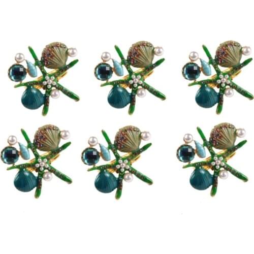 6 Pcs Starfish Napkin Rings,Pearl Rhinestone Ocean Coastal Nautical Napkin Ring Holders Napkin Buckle for Party,Green
