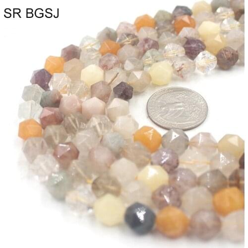 Free Shipping 6mm 8mm 10mm Faceted Round Gems Genuine Natural Stone Mixed Rutilated Quartz Polygonal Beads 15"