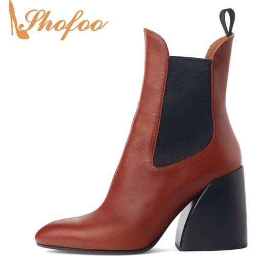 Sepia Brown Pointed Toe Ankle Boots Woman High Flared Chunky Heels Chelsea Booties Large Size 10 16 Ladies Fashion Shoes Shofoo