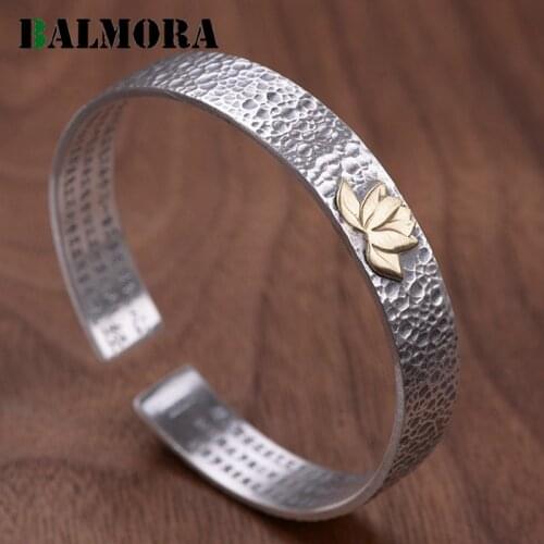 BALMORA Solid 990 Pure Silver Lotus Heart Sutra Buddhism Bangles for Women Mother Vintage Jewelry Accessories Esposas WBH0241