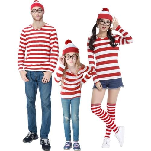 Parent-Child Where is Wally Costume Waldo Book Week Fancy Dress Outfit Stripe Shirt Hat Glasses Kit