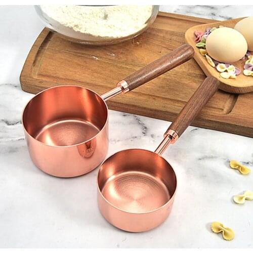 8pc Kitchen Measuring Tool Plating Measuring Cups Spoon Walnut Wooden Handle Rose Gold Measuring Cups Measuring Spoon Scoop