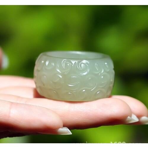 Natural cyan jade hand carved retro pattern xiangyun rings gemstone ring jade stones for men jewellery rings natural hetian jade