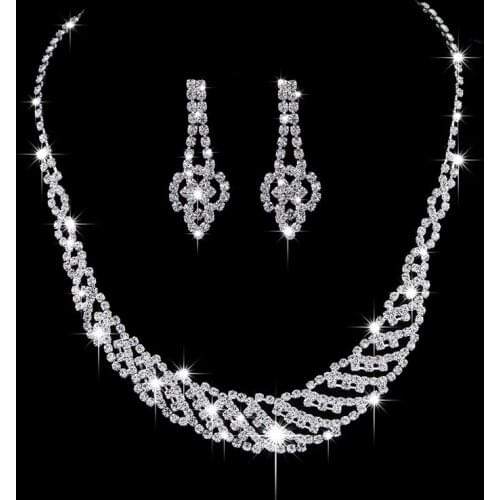 Trendy Female White Crystal Jewelry Set Charm Silver Color Dangle Earring For Women Luxury Bride Geometry Wedding Chain Necklace