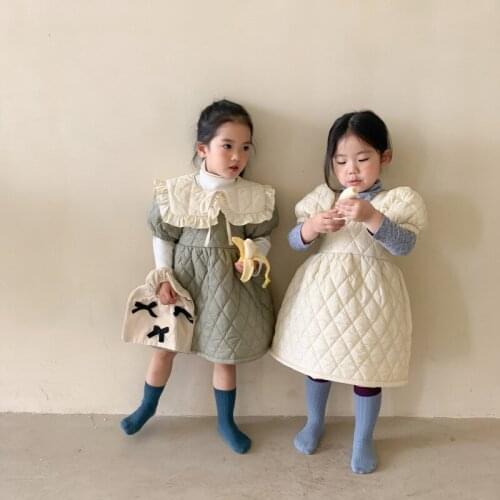 MILANCEL 2021 Winter Autumn New Kids Clothes Girls Dress Peter Pan Collar Solid Short Sleeve Thick Cotton Dress