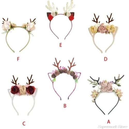 Adult Kids Christmas Deer Antler Headband with Artificial Flowers Blossom Horn Ears Festival Hair Hoop Fairy Cosplay