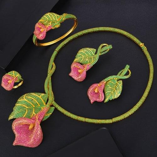 Blachette Luxury Gorgeous Flower Necklace Earrings Bracelet Ring Jewelry Cubic Zirconia Dubai Bridal Women Wedding Jewelry Sets