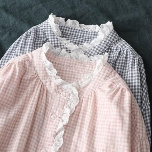 Lamtrip Ruffles Patchwork Plaid Long Sleeve Cotton Yarn Shirt Blouse