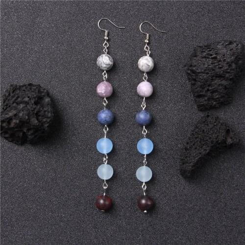 Planet Drop Earrings Natural Stone Round Long Earrings for Women Colorful Danglers Mixed Beads Earring Female Jewelry Gifts