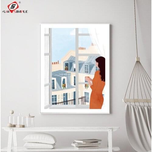 Nordic Home Decor Picture Abstract Fashion Woman In Balcony Canvas Painting Wall Art Unique Poster and Prints For Bedroom Decor