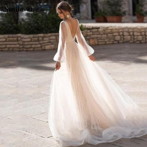Smileven Shine A Line Puff Sleeve Wedding Dresses Sparkly Glitter Tulle Backless Bride Gowns Side Split Robe De Soiree 2020