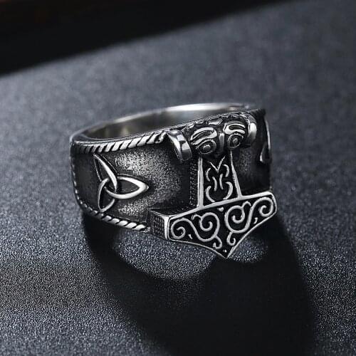 Vintage Viking Mjolnir Thors Hammer Ring Men Nordic 316L Stainless Steel Odin Celtics Knot Amulet Ring Jewelry Gift