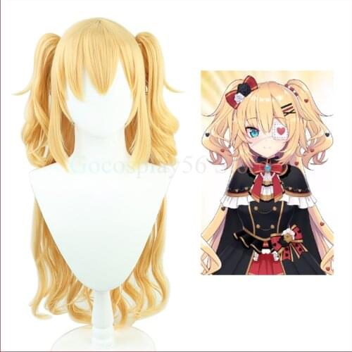 VTuber Akai Haato Cosplay Wig Hololive Golden Long Curly Twin Ponytails Heat Resistant Hair YouTuber Role Play