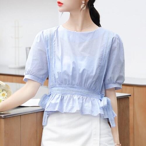 Korean Sweet Ruffle Hem Blouse Women Crop Top Vintage Puff Sleeve Cute Womens Tops and Blouses Lace Hollow Summer Bandage Shirts