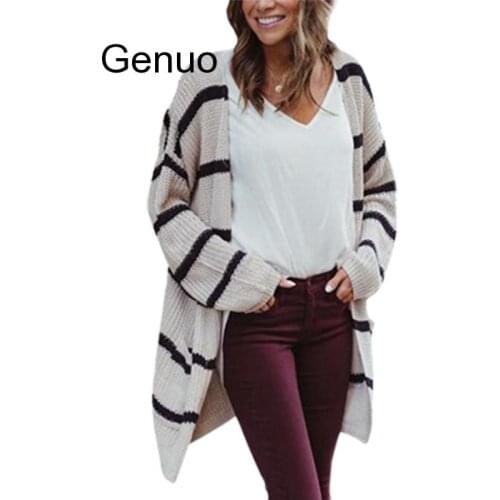 Plus Size 3XL Autumn Korean Striped Long Cardigan Women Loose Pockets Vintage Knit Sweater Jacket Red Jumper