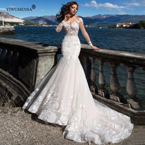 A86 Romantic Long Sleeves Mermaid Wedding Dress Boho See Through Tulle Bridal Gown O Neck Lace Vintage Robe De Marriage Women