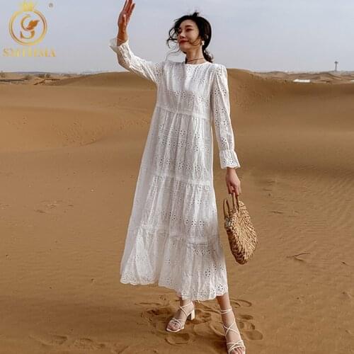 SMTHMA New Autumn Women Elegant Hollow Out Embroidery Casual Loose White Long Dress Female Full Sleeve Lace Holiday Vestidos