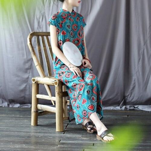 Women Cotton Linen Printed Cotton Linen Qipao Dress Ladies Loose Print Cheongsam Dress Female 2020 Summer Dresses