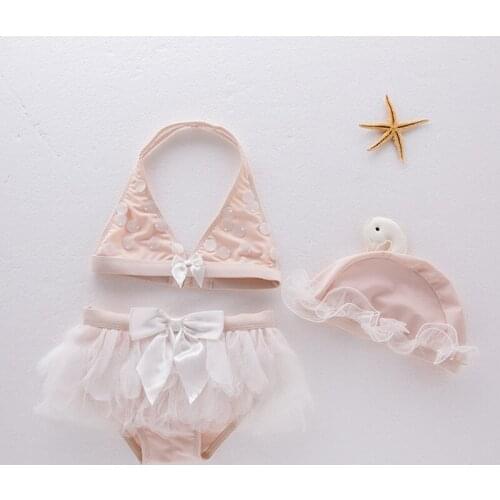 Girls 2pcs swan swimsuit Pale pink childrens hot spring bathing suit Fashion Kids beach wear with match Swan hat Free Shipping