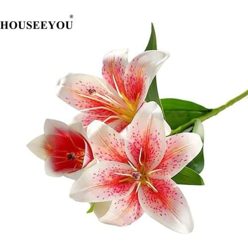 3D Printing Lily Branch Real Looking Artificial Flowers for Home Wedding Decoration White Fake Flowers Garden Decor Flores
