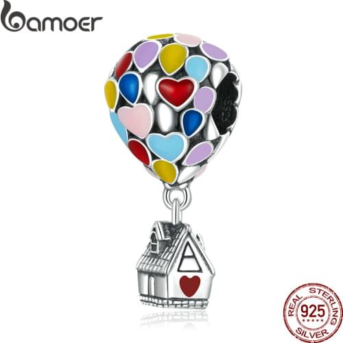 Bamoer 925 Sterling Silver Enamel Colorful Hot Air Balloon Bunny Pendant for Original Bracelet Bangle Women DIY Fashion Jewelry