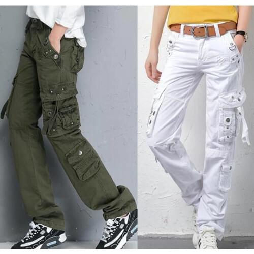 New Womens Autumn winter Pants Army Green military cotton cargo pants women loose Multi pockets straight Street Dance trousers
