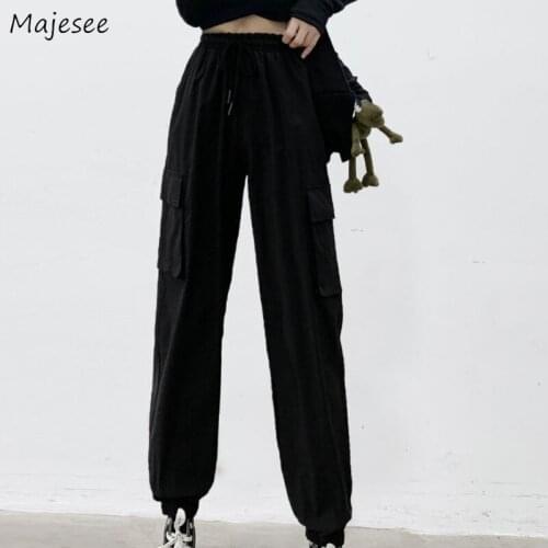 Cargo Women Pants Streetwear Stylish Pockets Harajuku Ankle-length High Waist Drawstring Students All-match Solid Black Summer