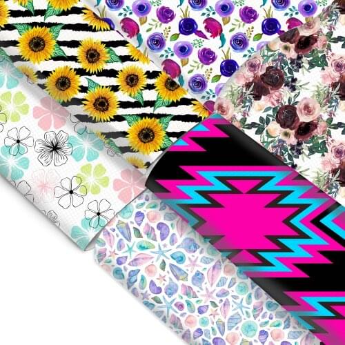 Flowers Series Printed Fine Glitter Faux Leather Fabric For Bows Synthetic Leather DIY Handmade Materials,1Yc10175