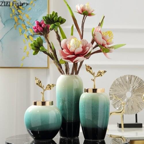 Blue Gradient Ceramic Flower Vase Ornament with Cover Copper Double Leaf Wine Cabinet Living Room Flower Vase Home Decoration
