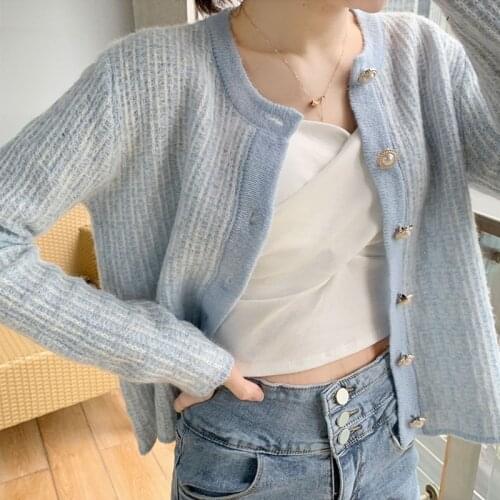 2020 Autumn Elegant Female Cardigans Baby Blue Cardigan O neck Long-sleeved Women Patchwork Knitted Sweaters Womens Loose Tops
