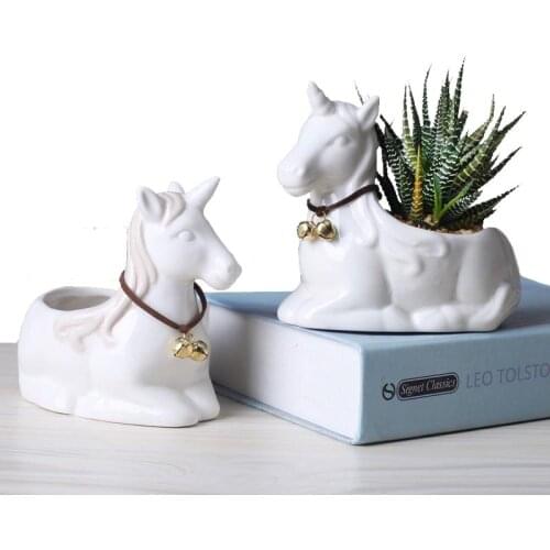 Nordic Creative Ceramic Unicorn Flower Pot With Bell White Mini Pot Small Storage Basin Desktop Bonsai Pot Vase Decoration Home