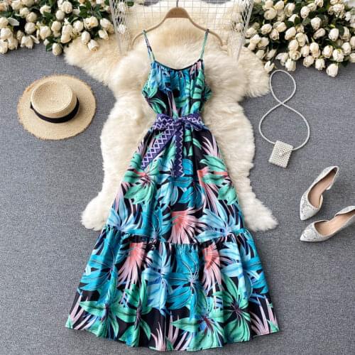 Seaside Holiday Dress Summer New Design Sense Tropical Leaf Print Lace Up Slim Long Suspender Skirt