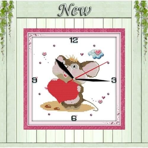 Little mouse love heart clock decor painting counted print on canvas DMC 14CT 11CT Cross Stitch Needlework Sets Embroidery kits