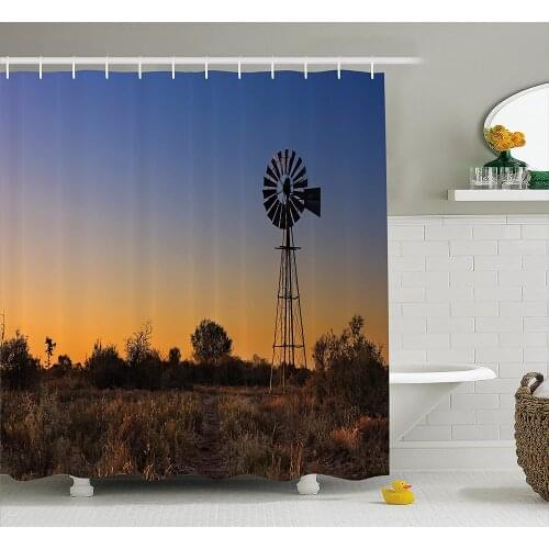 Windmill Decor Shower Curtain Sunset in Kalahari Peaceful Outdoors Agriculture Rural Nature Image Waterproof Bath Curtains