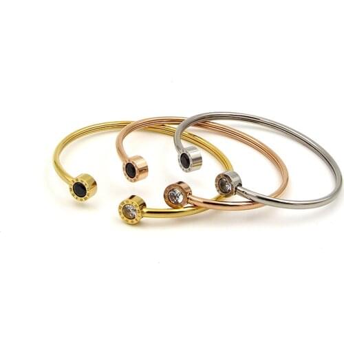 Fashion Brand Rose Gold Color Stainless Steel Crystal Round Roman Numerals Cuff Bracelet Bangle Women Party Gift