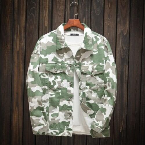 Mens Camouflage Green Casual Jacket Loose Personality Denim Jacket