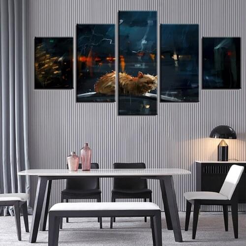 Wall Art Canvas HD Printed Pictures Modular Framework 5 Pieces Cats In The Rain Paintings Home Decor Animal Abstract Posters