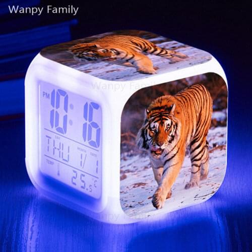 Siberian tiger alarm clock 7 color glowing Large screen multifunction LED color change digital alarm clock for kids gifts
